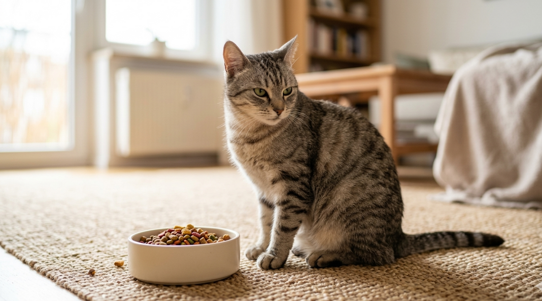 Chat tigré gris boudant sa gamelle de croquettes posée sur un tapis de salon
