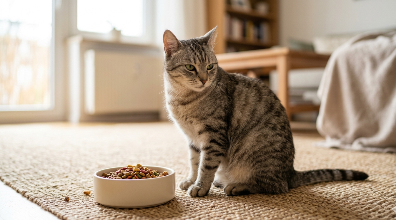 Chat tigré gris boudant sa gamelle de croquettes posée sur un tapis de salon