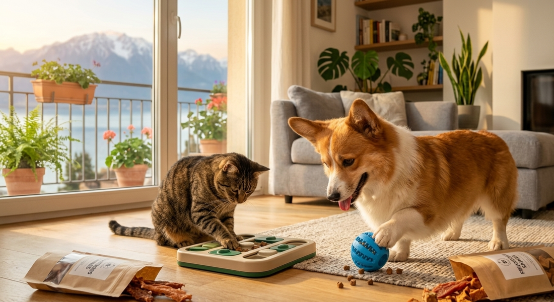 Un chien et un chat stimulant leur intelligence en jouant avec des jouets interactifs d'occupation et de fouille dans un salon lumineux, accompagnés d'un sachet de friandises saines.