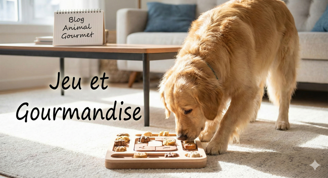 Golden Retriever jouant avec un puzzle d'enrichissement rempli de friandises gourmets, illustration pour l'article sur le jeu et l'alimentation.