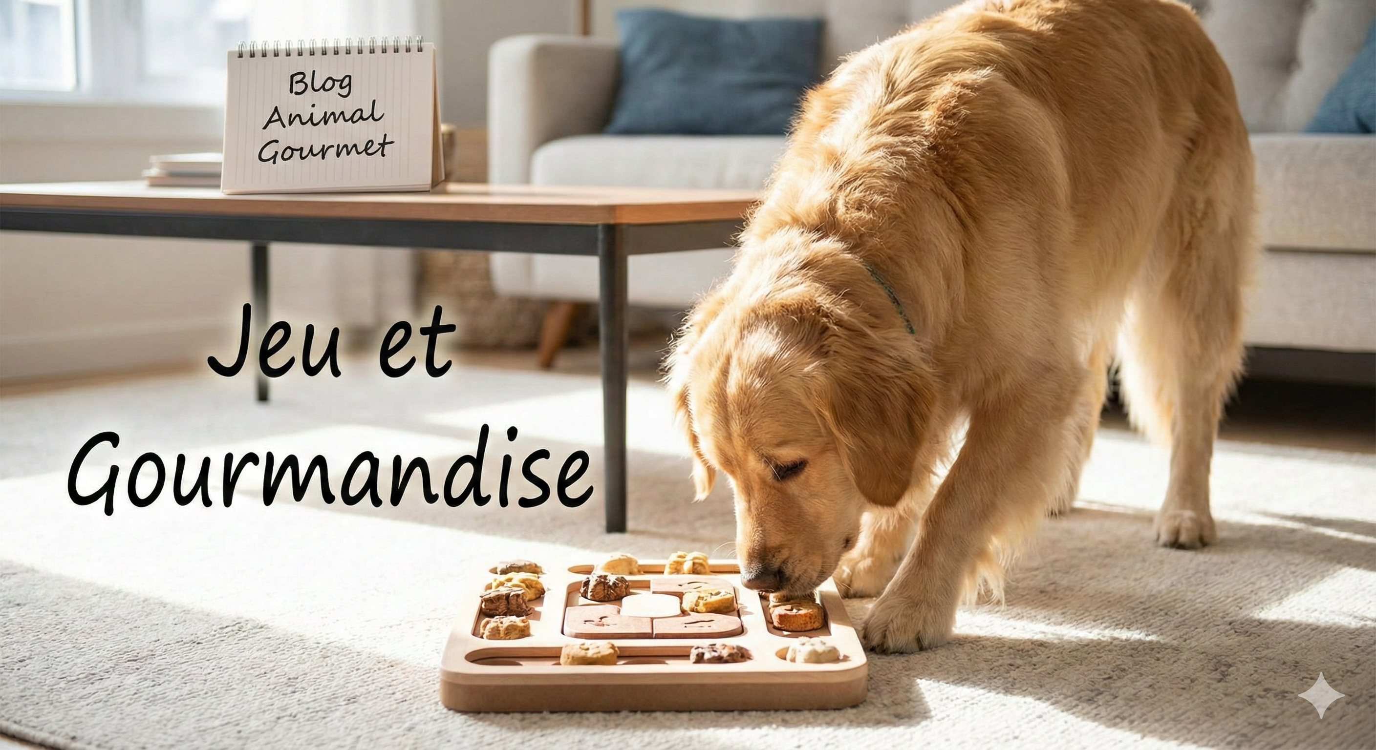 Golden Retriever jouant avec un puzzle d'enrichissement rempli de friandises gourmets, illustration pour l'article sur le jeu et l'alimentation.