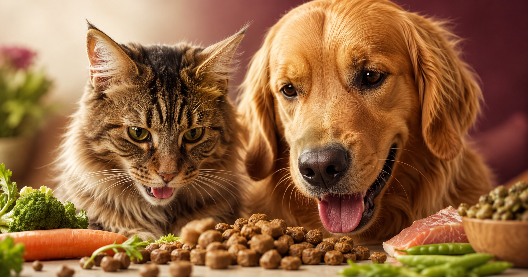 Chat et chien au pelage brillant observant des croquettes naturelles entourées d'ingrédients frais comme légumes et poisson, illustrant une alimentation saine et équilibrée pour animaux.