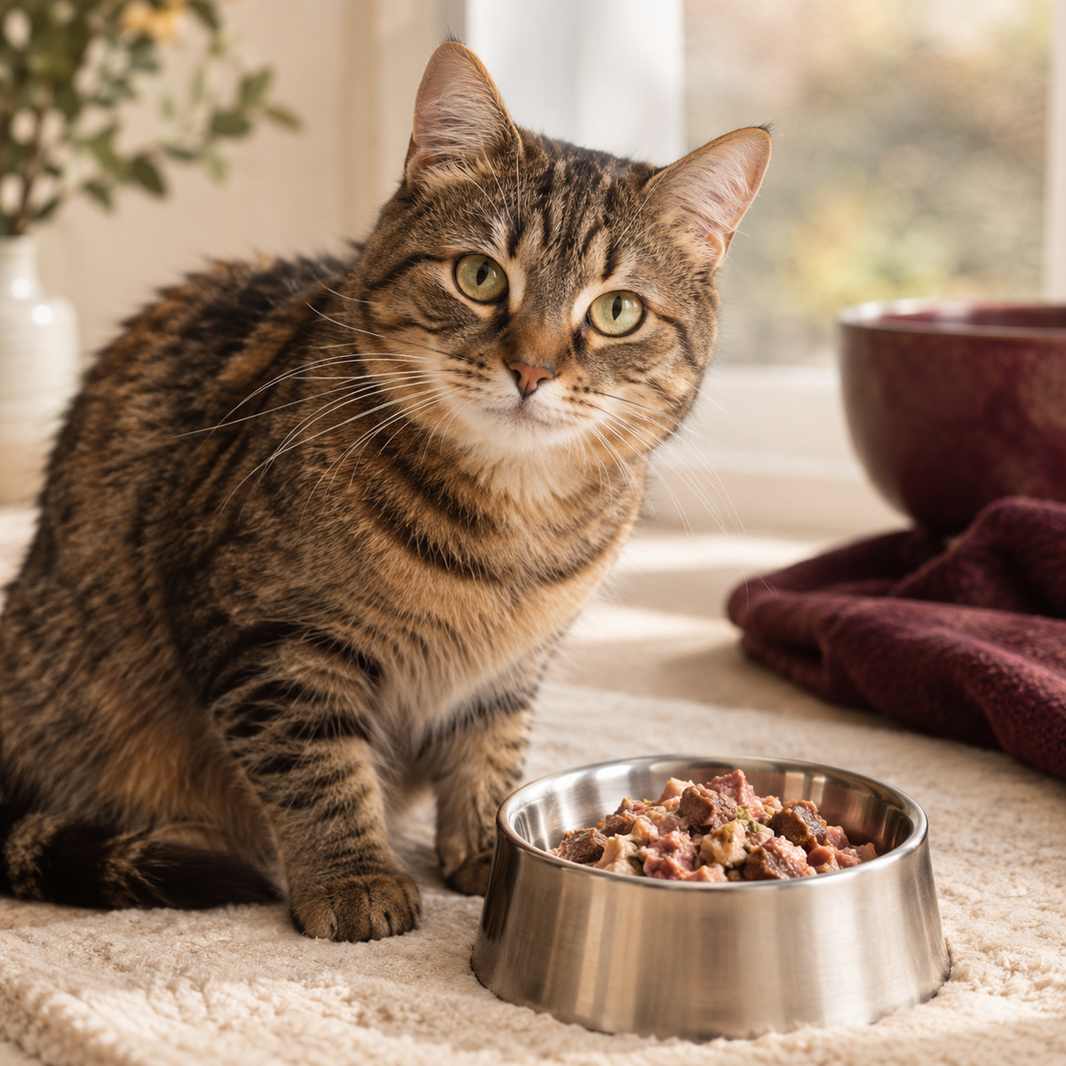 Chat domestique avec repas frais naturel dans un bol en inox
