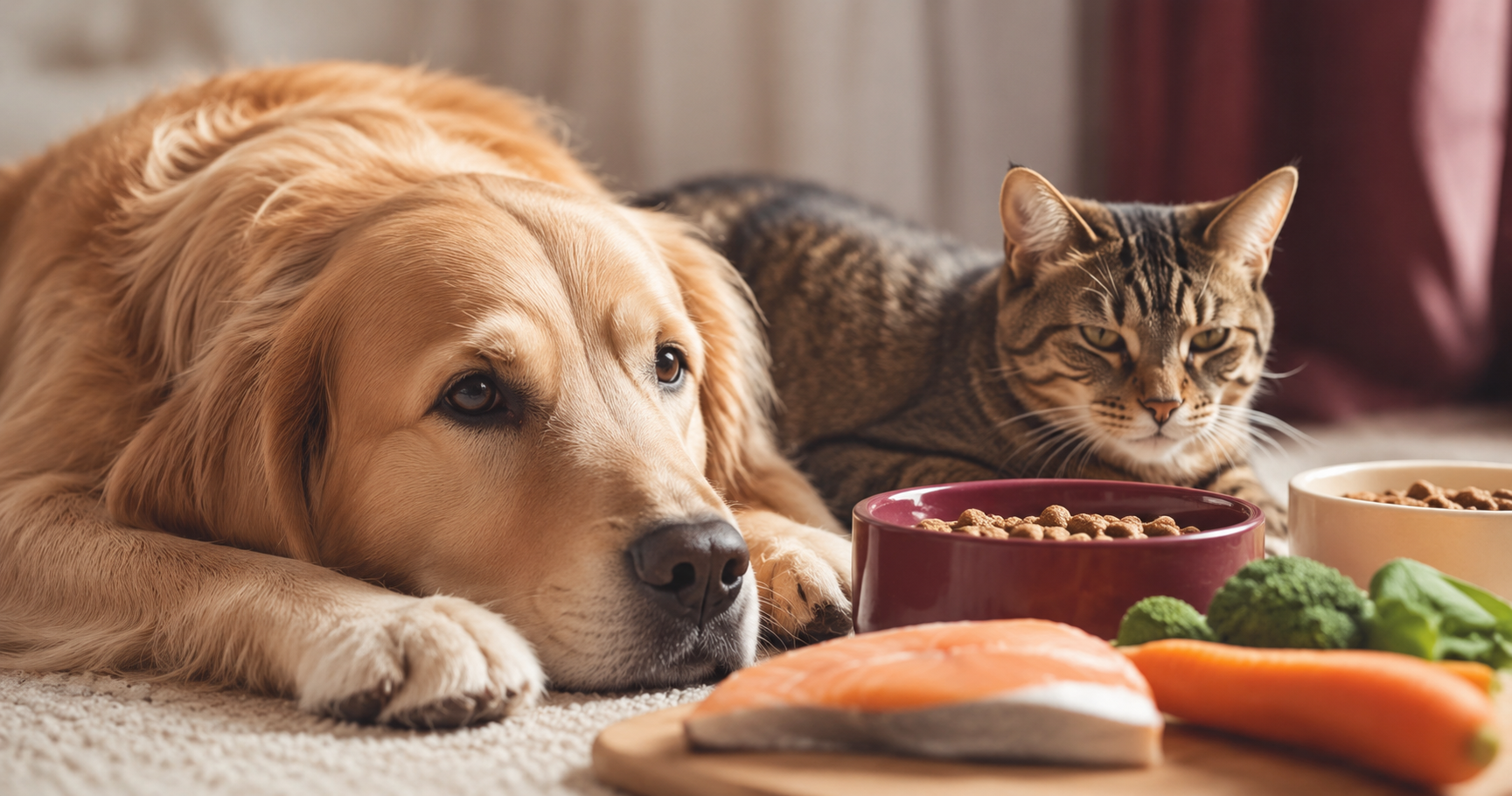 Chat et chien détendus près d'une gamelle d'ingrédients naturels, illustrant une alimentation adaptée aux sensibilités alimentaires