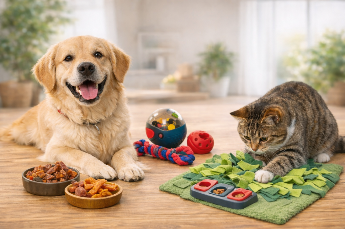 Chien et chat jouant avec des jouets interactifs et dégustant des friandises naturelles pour leur bien-être.