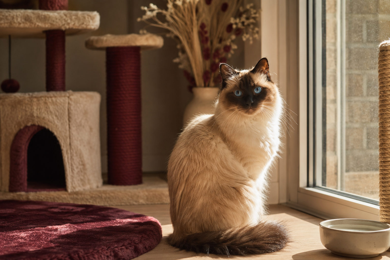 Chat domestique calme assis près d’une fenêtre ensoleillée dans un intérieur chaleureux avec arbre à chat, bol d’eau et griffoir en arrière-plan.