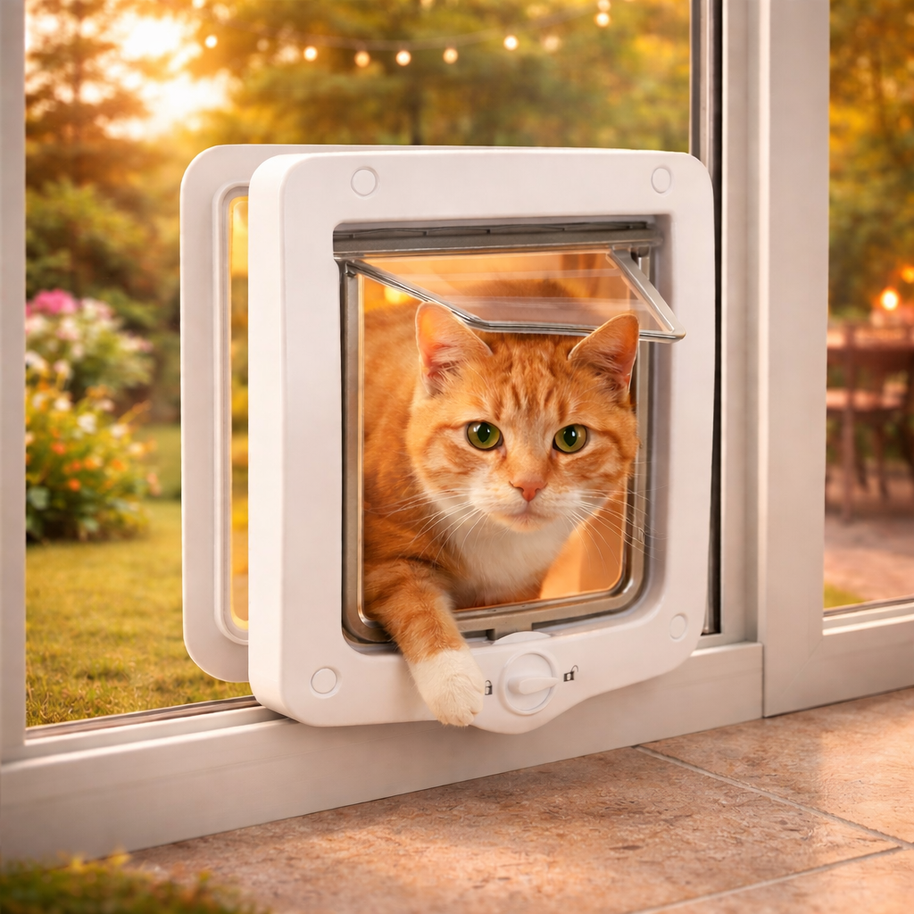 Chat roux passant par une chatière installée dans une porte-fenêtre donnant sur un jardin ensoleillé.