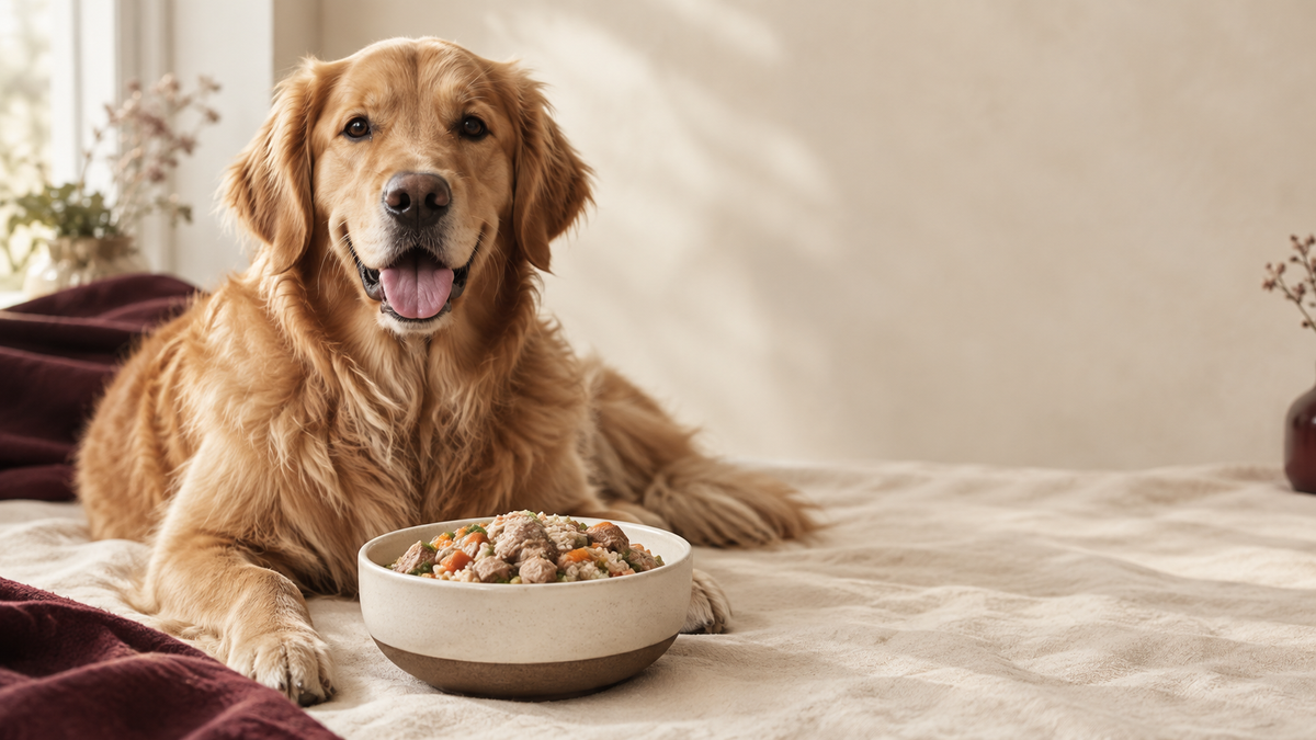 Chien golden retriever avec un repas naturel pour chien composé de viande, riz et légumes
