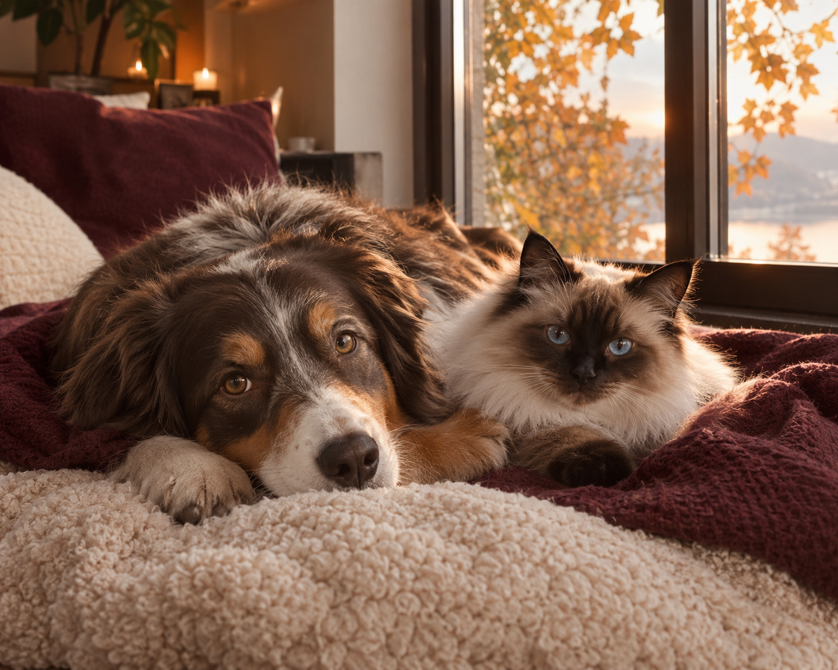 Chien et chat au repos près d'une fenêtre en automne, alimentation adaptée à la saison