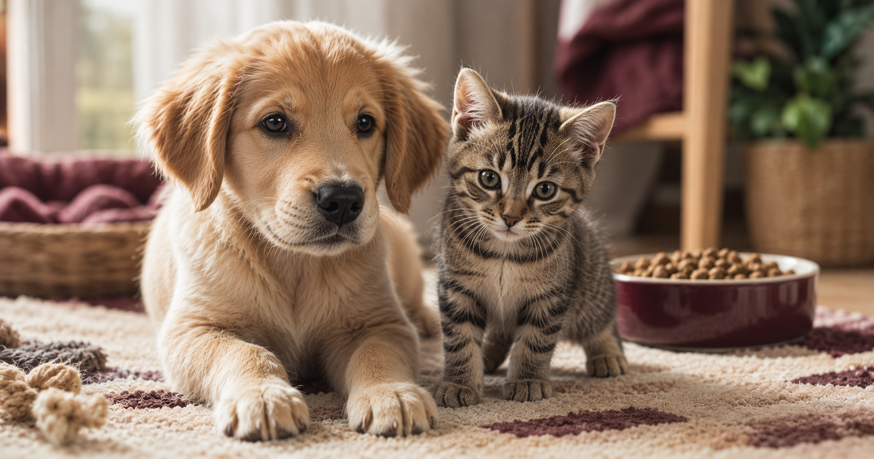 Chiot et chaton curieux au repos, symbolisant les besoins nutritionnels spécifiques à la croissance
