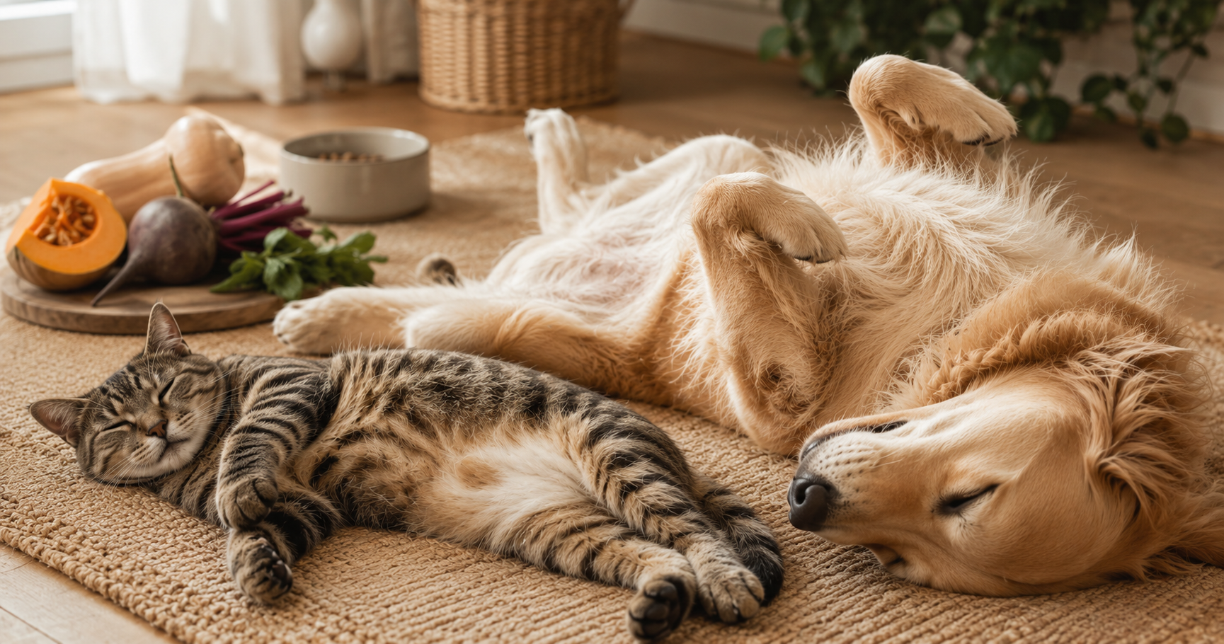 Chat et chien détendus dans un intérieur chaleureux, illustrant le confort digestif et la santé intestinale