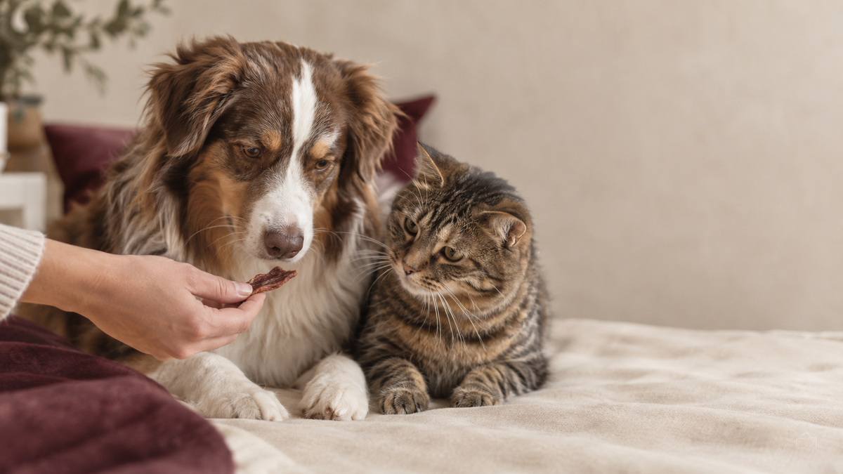 Chien et chat partageant un moment complice avec une friandise naturelle à base de viande séchée