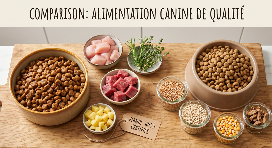Croquettes semi-humides Joy's Food au poulet frais suisse et au bœuf, sur fond de marbre blanc — alimentation naturelle pour chien