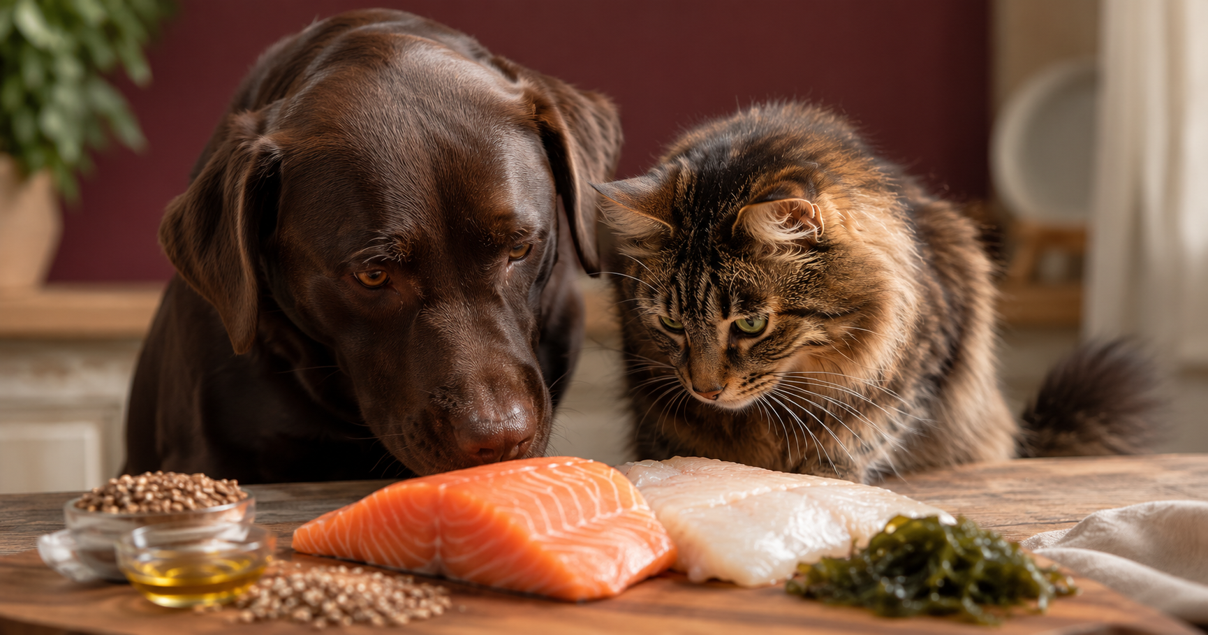 Chat et chien avec pelage brillant et soyeux, regardant vers du saumon frais et de l'huile dorée représentant les acides gras essentiels oméga-3 et oméga-6 pour une alimentation naturelle premium