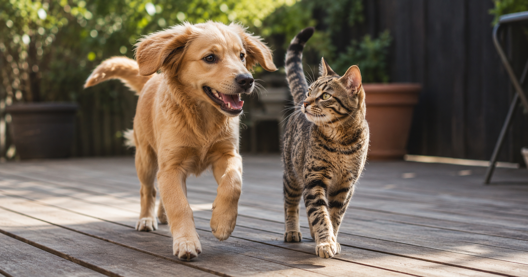 Chat et chien actifs et athlétiques en extérieur, illustrant un poids sain et une bonne vitalité