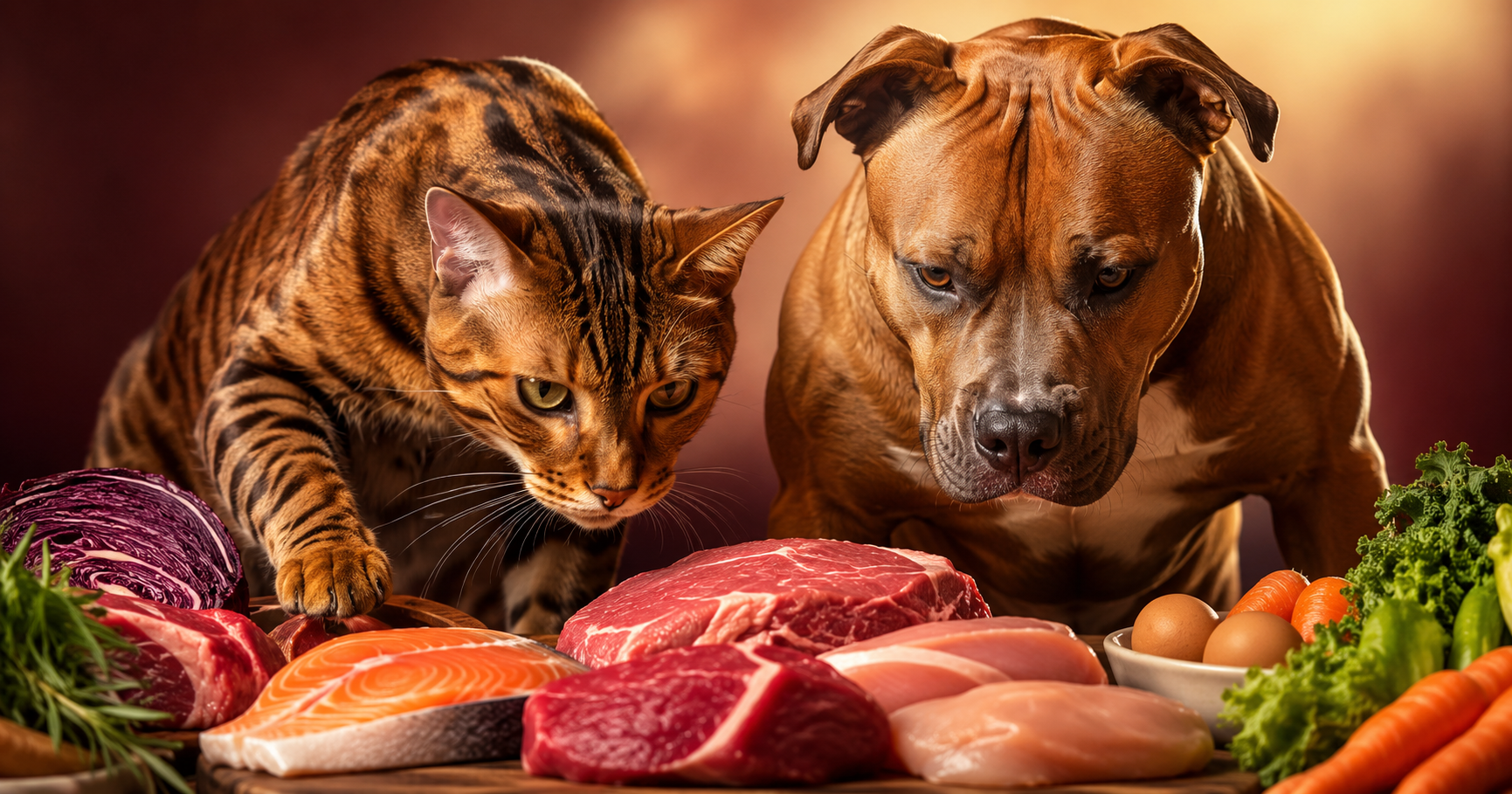Chat et chien regardant viande crue, saumon, œufs et légumes représentant une alimentation riche en protéines naturelles