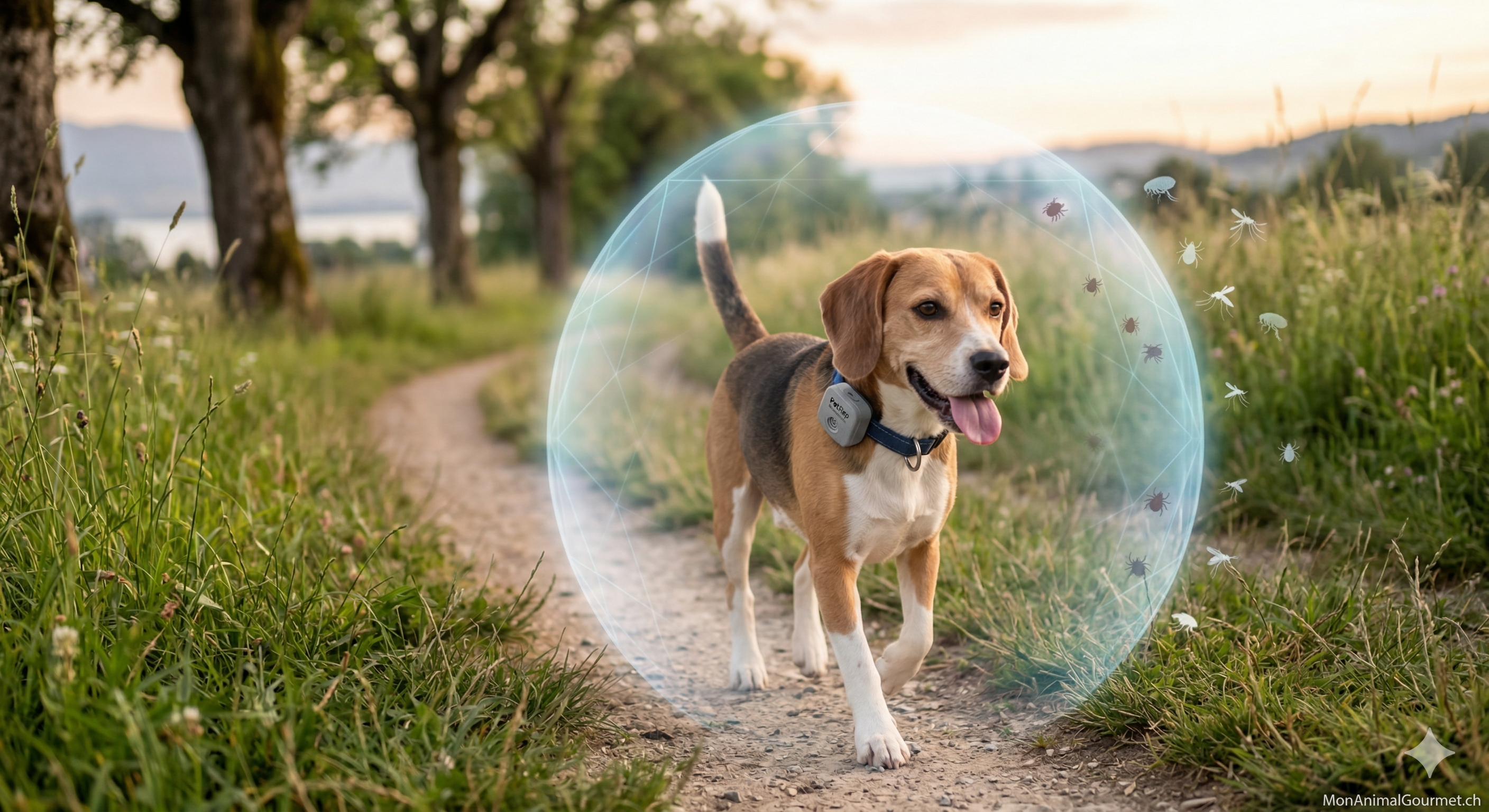 Chien Beagle portant le répulsif à ultrasons rechargeable PetRep InnovaGoods au collier, protégé des tiques, puces et moustiques par un bouclier protecteur invisible lors d'une promenade en pleine nature.