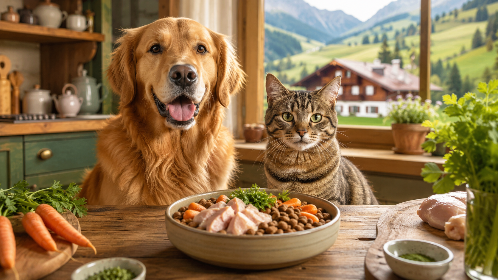 Golden retriever et chat tigré assis dans une cuisine alpine suisse chaleureuse devant un bol de croquettes premium avec ingrédients naturels, vue sur les montagnes et chalet suisse en arrière-plan.