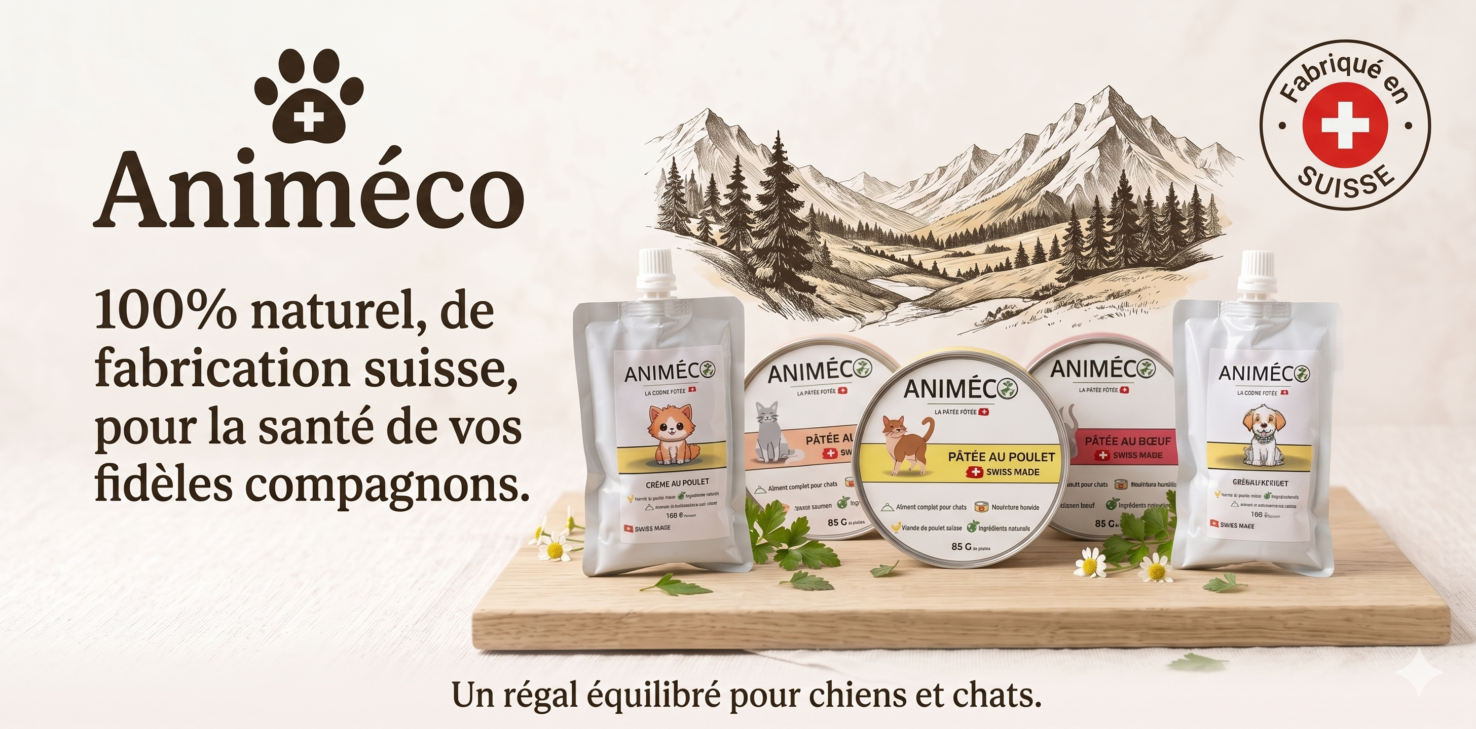 Bannière promotionnelle Animéco : présentation de la gamme de nourriture humide pour chiens et chats, incluant des sachets fraîcheur et des boîtes pâtée, disposés sur une planche en bois dans un décor naturel avec des montagnes en arrière-plan. Texte : "Animéco, 100% naturel, de fabrication suisse, pour la santé de vos fidèles compagnons. Un régal équilibré pour chiens et chats." Logo Animéco avec illustration de montagne, chien et chat.