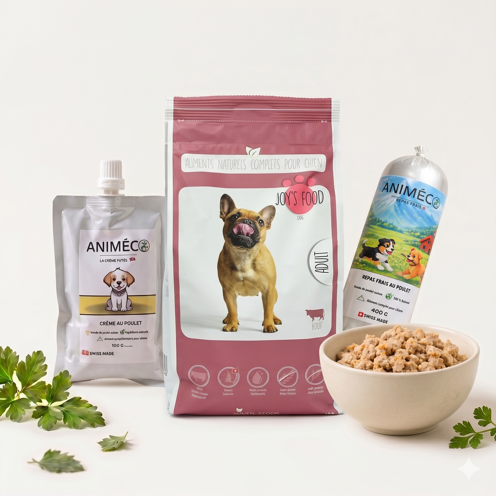 Assortiment d'alimentation premium pour chien 100% suisse, comprenant un sac de croquettes semi-humides Joy's Food Bœuf (1,5kg), un sachet de Crème au Poulet Animéco (100g), et un bol de Repas Frais au Poulet Animéco (400g) avec son boudin, sur fond blanc épuré.
