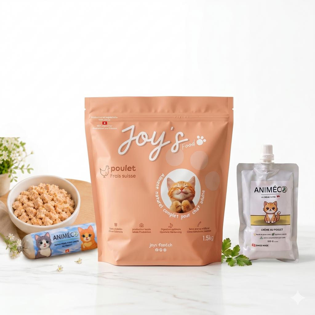 Assortiment d'alimentation pour chat : sachet de croquettes Joy's Food au poulet suisse, boudin de repas frais et friandise crème au poulet Animéco.