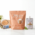 Assortiment d'alimentation pour chat : sachet de croquettes Joy's Food au poulet suisse, boudin de repas frais et friandise crème au poulet Animéco.