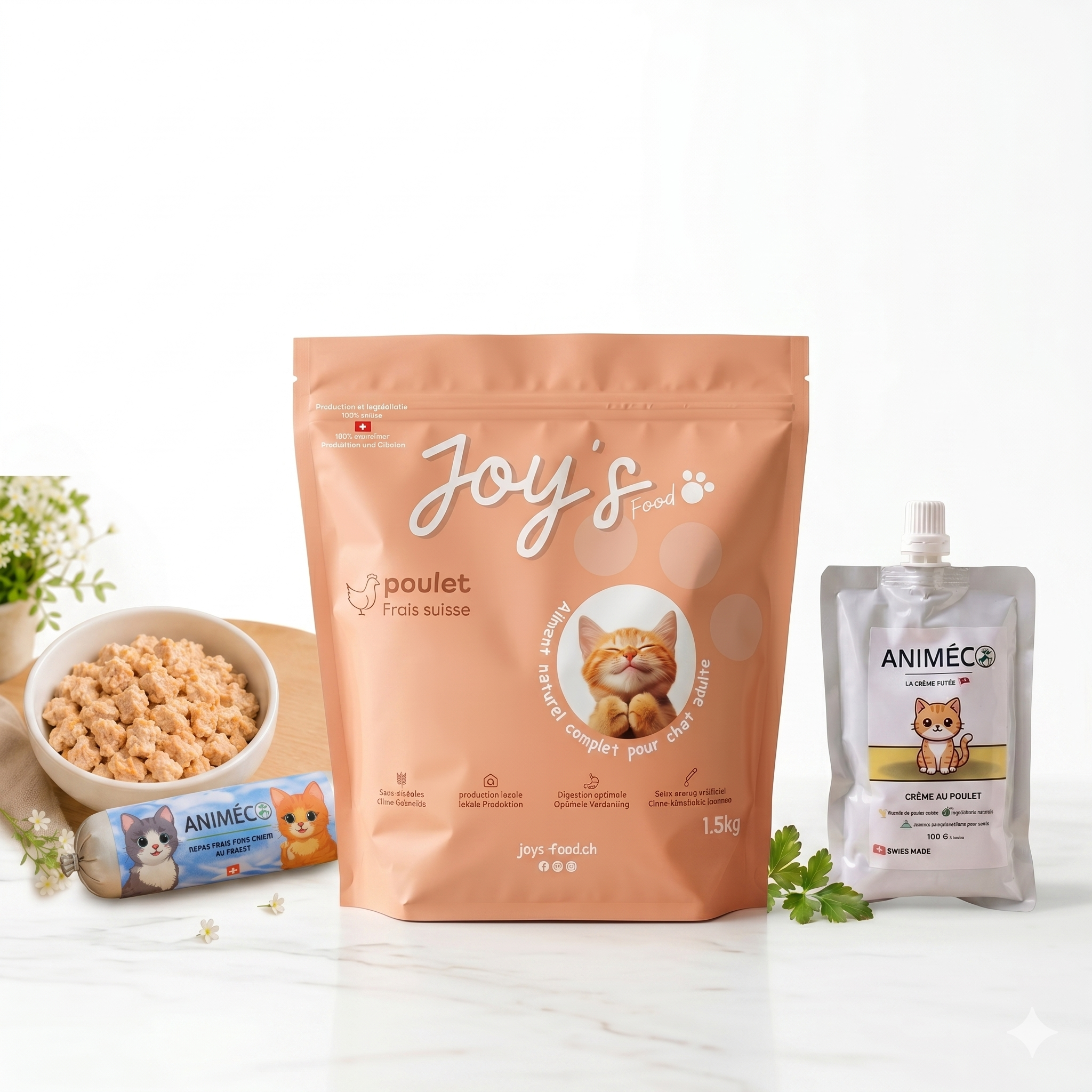 Assortiment d'alimentation pour chat : sachet de croquettes Joy's Food au poulet suisse, boudin de repas frais et friandise crème au poulet Animéco.