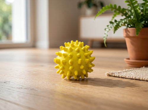 Balle rebondissante à picots de couleur jaune, idéale pour le jeu et le massage des gencives des animaux. Posée sur un parquet en bois dans un intérieur lumineux avec une plante en pot en arrière-plan.