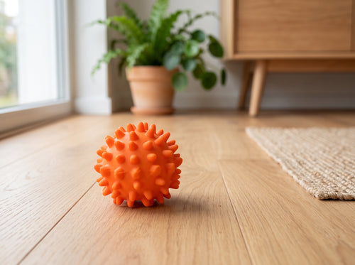 Balle sensorielle à picots de couleur orange vif pour chien et chat, posée sur un sol en bois clair près d'un tapis en jonc de mer et d'un meuble de salon chaleureux.