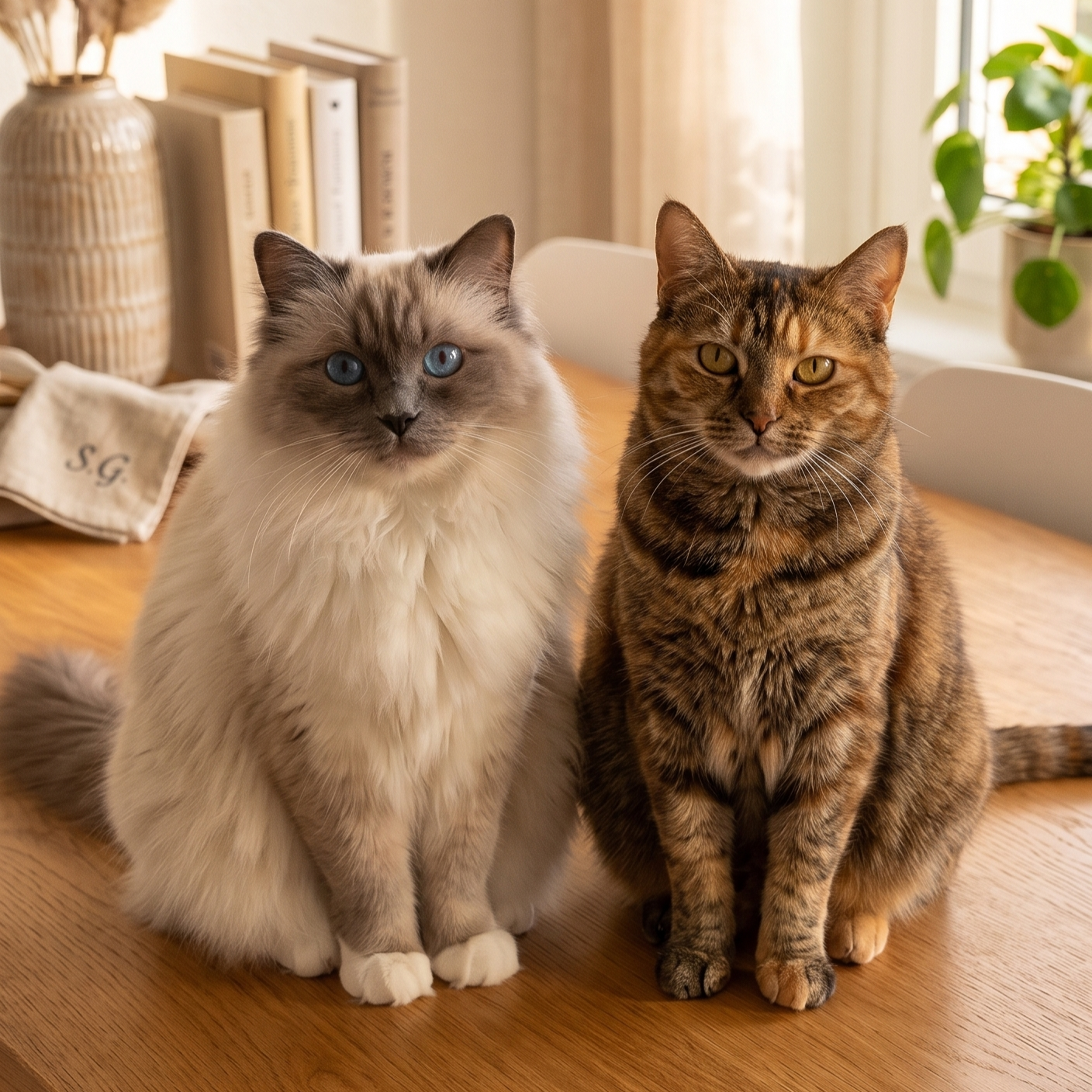 Les deux chats de l'équipe Mon Animal Gourmet – un Sacré de Birmanie et un chat tigré, ambassadeurs de la boutique