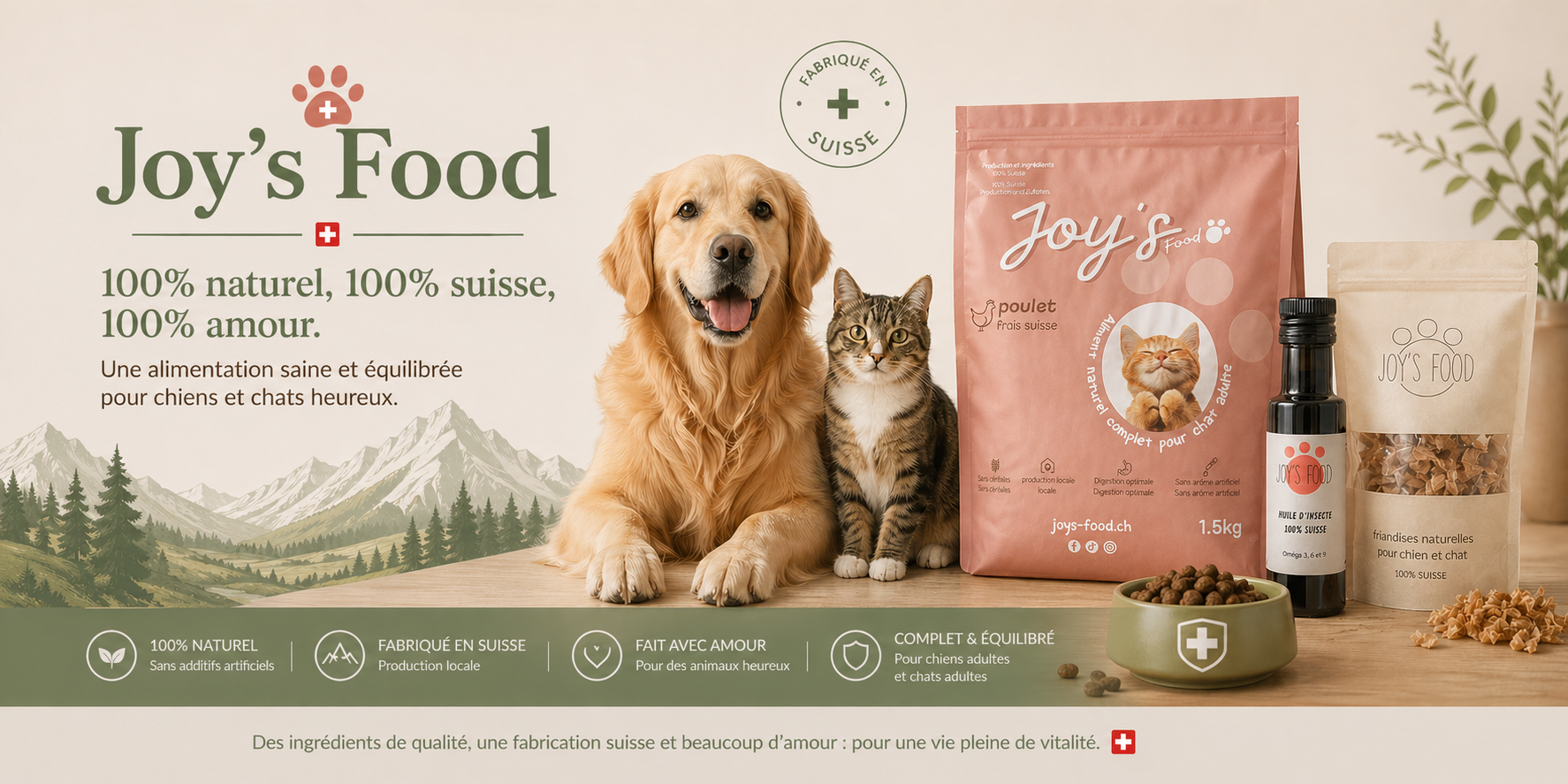 Bannière Joy’s Food avec croquettes naturelles suisses pour chien et chat, packaging premium, golden retriever et chat dans un décor naturel vert et crème, alimentation saine et locale