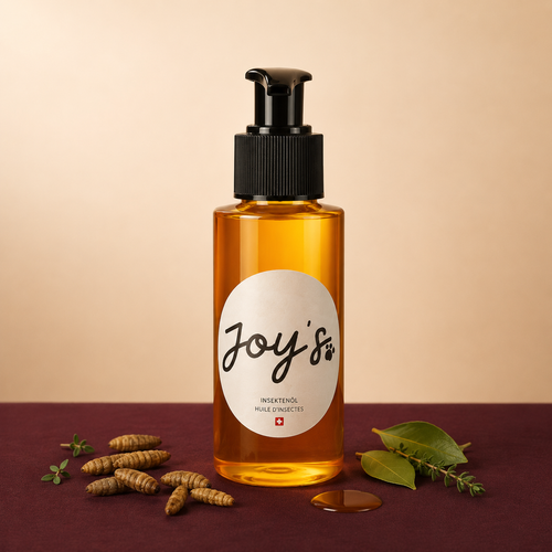 Huile d'insecte Joy's Food – complément naturel pour chien et chat, flacon pompe ambré 100% Suisse, MonAnimalGourmet.ch