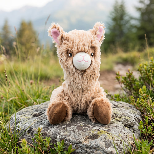 Peluche de bébé lama en fausse fourrure beige et douce, avec des sabots marron et des oreilles roses. La peluche est assise de face sur une grande roche au milieu de la végétation de montagne, avec un arrière-plan naturel flouté.