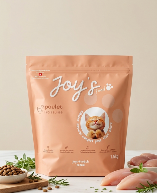 Sac de croquettes Joy's Food au poulet (1.5 kg) sur un comptoir avec un bol de nourriture et du poulet cru.