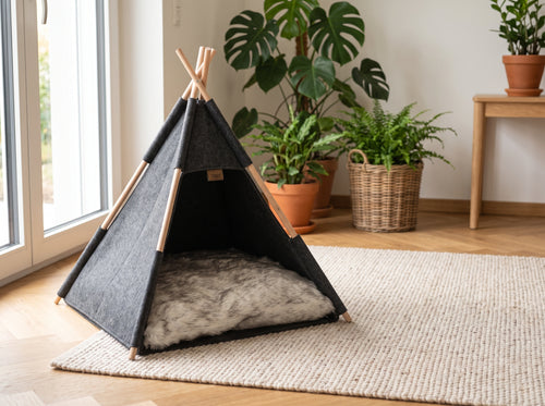 Tipi d'intérieur pour chien et chat en feutre gris foncé soutenu par des perches en bois clair, avec un coussin moelleux en fausse fourrure à l'intérieur. Le tipi est posé sur un grand tapis texturé clair, dans un salon lumineux décoré de plantes vertes en pot.  