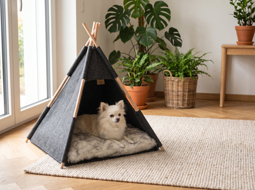 Petit chien de type Spitz blanc reposant sur le coussin d'un tipi en feutre gris foncé, intérieur de salon chaleureux et lumineux.